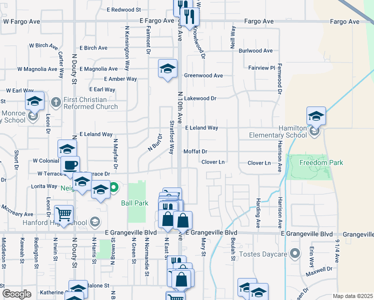 map of restaurants, bars, coffee shops, grocery stores, and more near 2012 Parker Place in Hanford