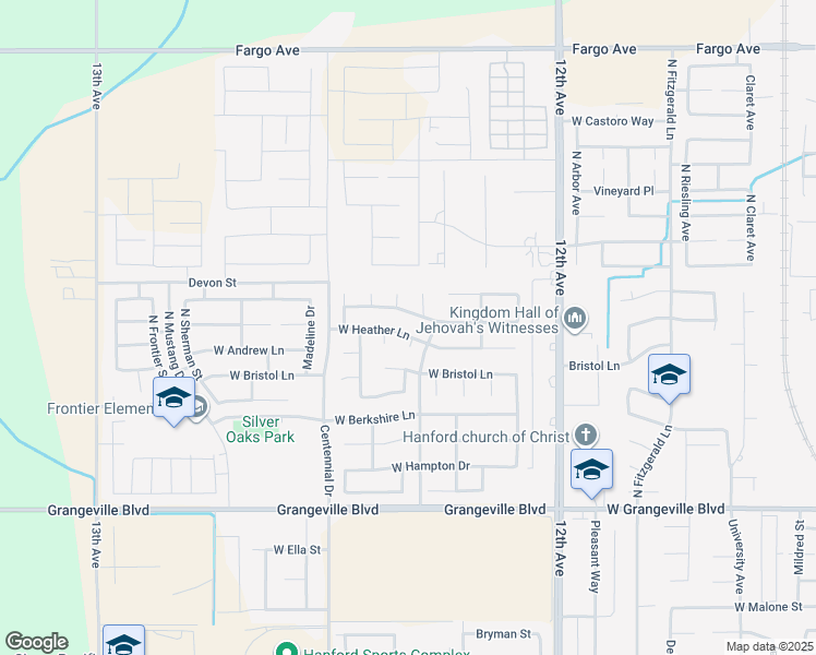 map of restaurants, bars, coffee shops, grocery stores, and more near 2023 West Heather Lane in Hanford