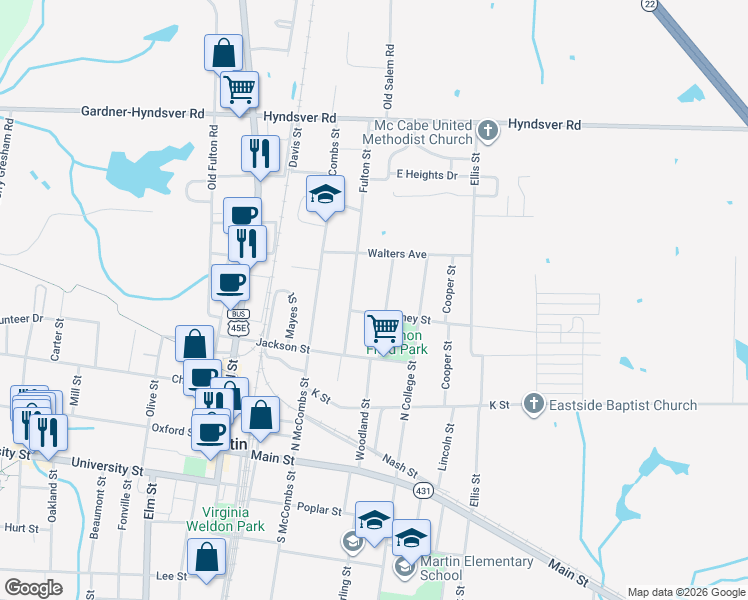 map of restaurants, bars, coffee shops, grocery stores, and more near 200 Cleveland Street in Martin