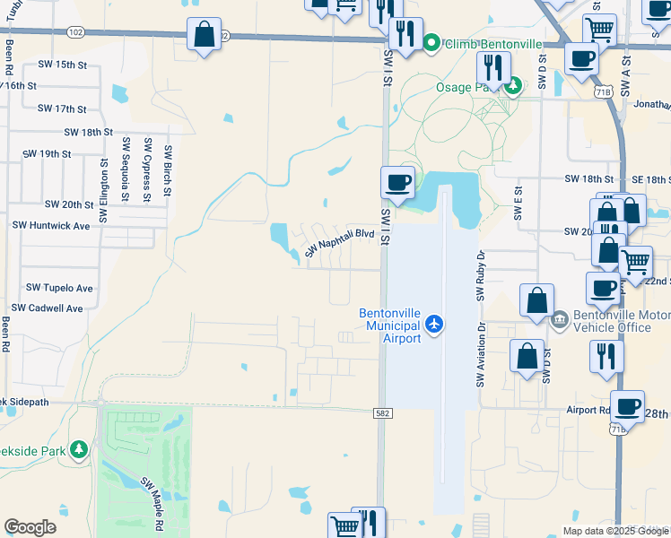 map of restaurants, bars, coffee shops, grocery stores, and more near 2612 Southwest Livingston Square in Bentonville
