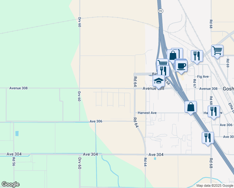 map of restaurants, bars, coffee shops, grocery stores, and more near 6257 Avenue 308 in Visalia