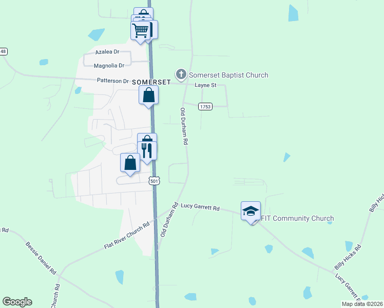 map of restaurants, bars, coffee shops, grocery stores, and more near 2195 Old Durham Road in Roxboro