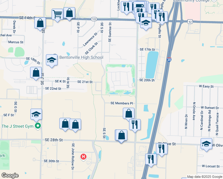 map of restaurants, bars, coffee shops, grocery stores, and more near 2200 Southeast Bay Hill Drive in Bentonville