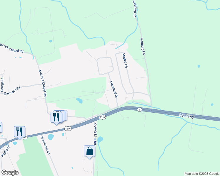 map of restaurants, bars, coffee shops, grocery stores, and more near 135 Moreland Drive in Mooresburg