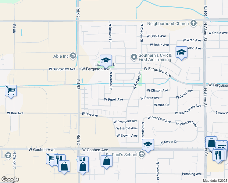 map of restaurants, bars, coffee shops, grocery stores, and more near 6350 West Clinton Court in Visalia