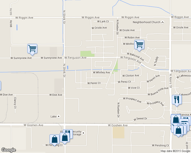 map of restaurants, bars, coffee shops, grocery stores, and more near 6344 West Clinton Court in Visalia
