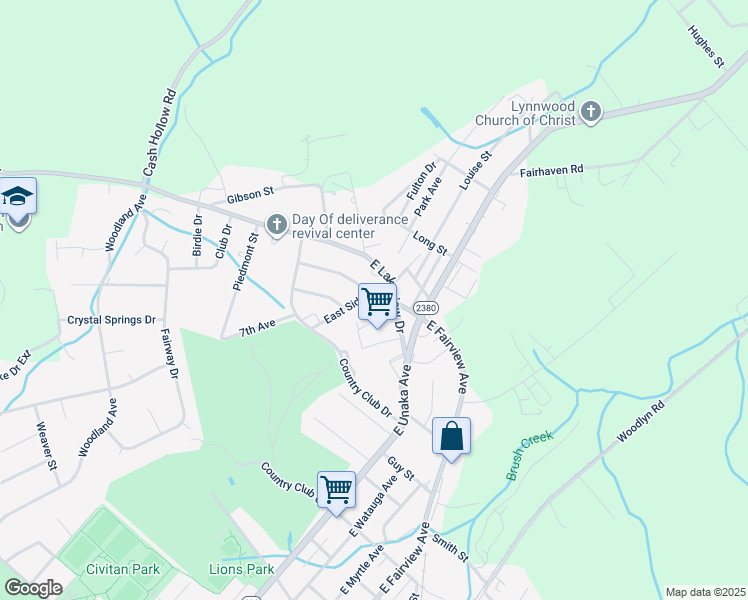 map of restaurants, bars, coffee shops, grocery stores, and more near 2328 East Side Avenue in Johnson City