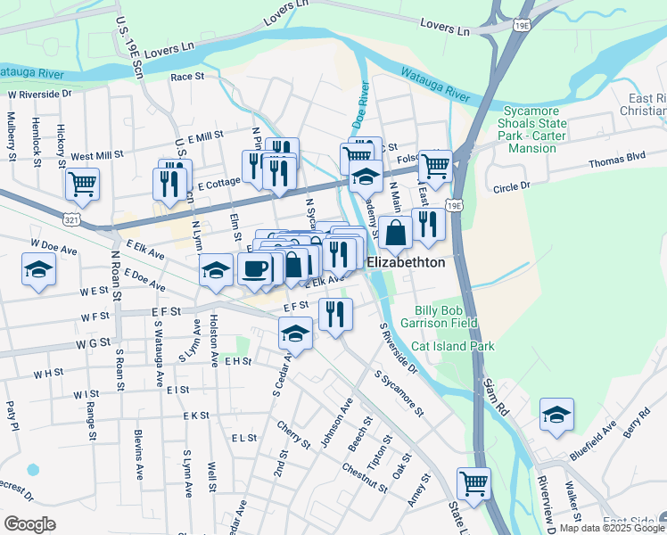 map of restaurants, bars, coffee shops, grocery stores, and more near in Elizabethton