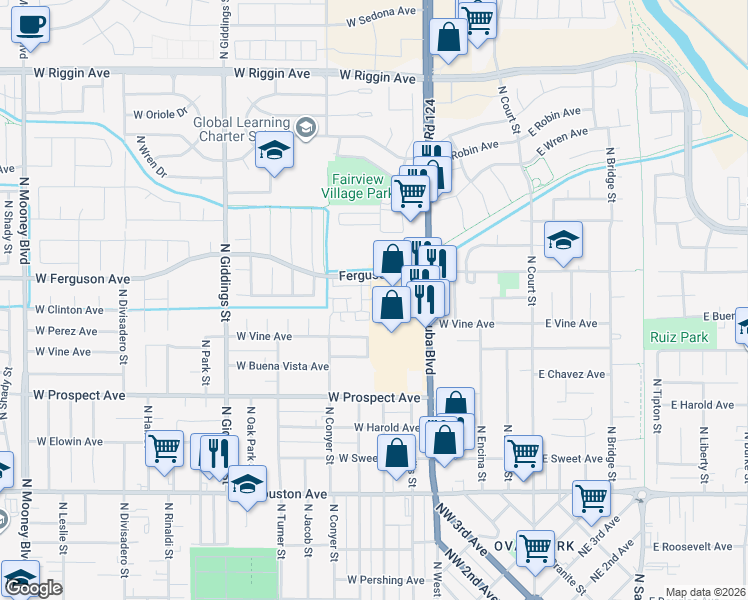 map of restaurants, bars, coffee shops, grocery stores, and more near 2025 North Dinuba Boulevard in Visalia