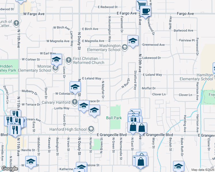 map of restaurants, bars, coffee shops, grocery stores, and more near 2006 North Kensington Way in Hanford