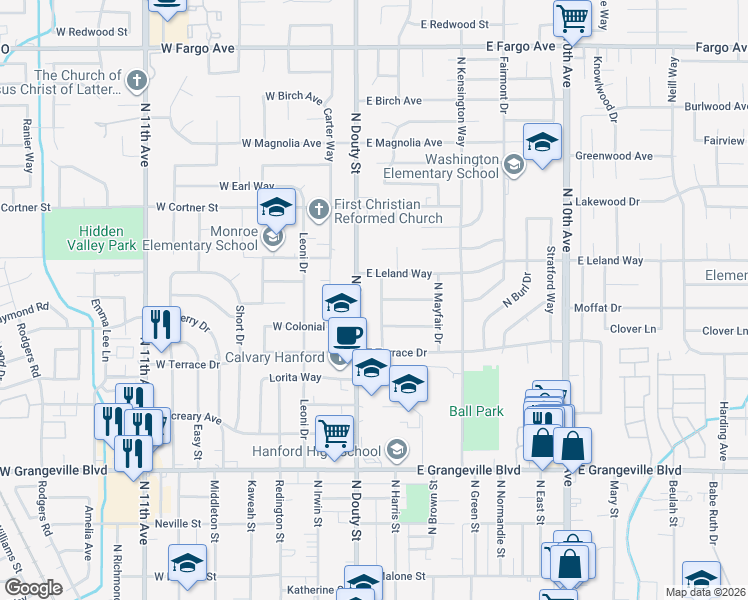 map of restaurants, bars, coffee shops, grocery stores, and more near 1939-2005 N Douty St in Hanford