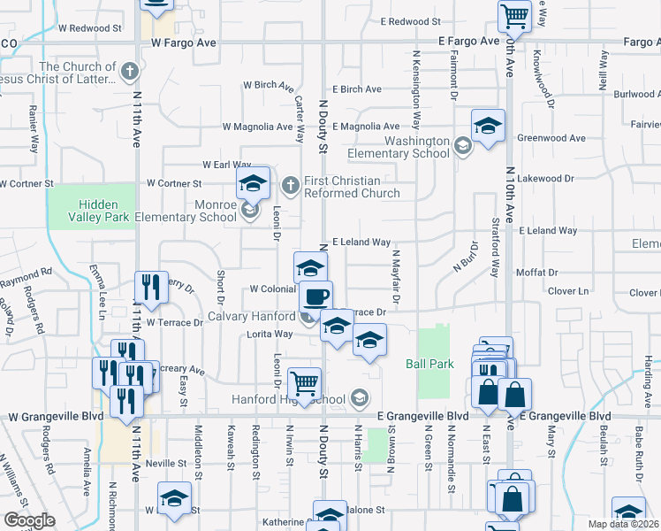 map of restaurants, bars, coffee shops, grocery stores, and more near 1939-2005 N Douty St in Hanford