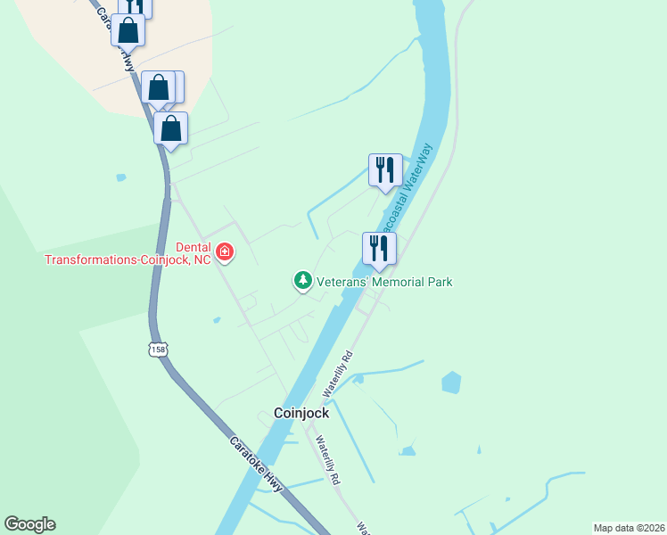 map of restaurants, bars, coffee shops, grocery stores, and more near 132 Coinjock Canal Road in Coinjock
