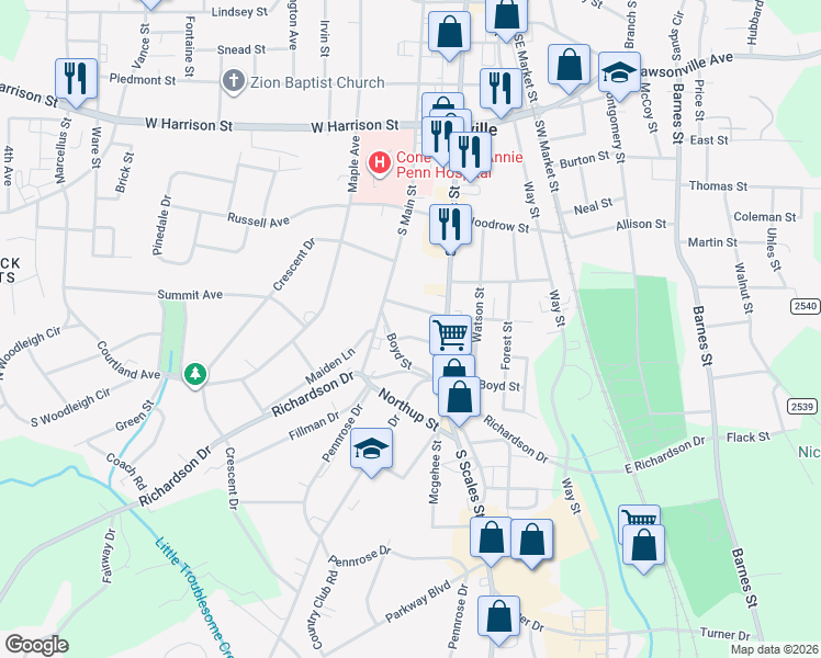 map of restaurants, bars, coffee shops, grocery stores, and more near 513 Silver Street in Reidsville