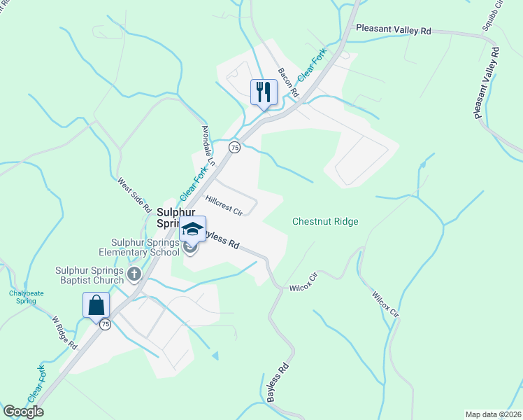 map of restaurants, bars, coffee shops, grocery stores, and more near 160 Hillcrest Circle in Jonesborough