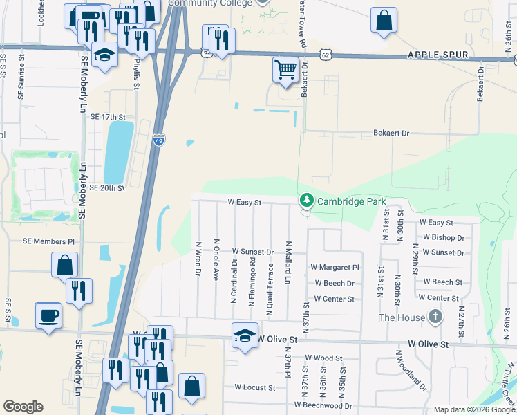 map of restaurants, bars, coffee shops, grocery stores, and more near 1303 North Flamingo Road in Rogers