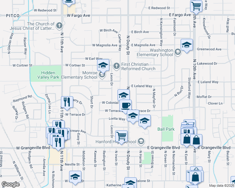 map of restaurants, bars, coffee shops, grocery stores, and more near 136 W Colonial Dr in Hanford