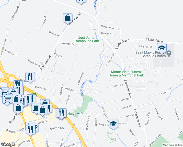 map of restaurants, bars, coffee shops, grocery stores, and more near 1811 West Lakeview Drive in Johnson City