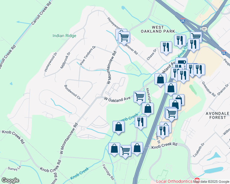 map of restaurants, bars, coffee shops, grocery stores, and more near 1084 West Oakland Avenue in Johnson City