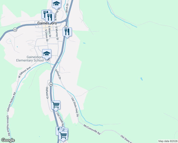 map of restaurants, bars, coffee shops, grocery stores, and more near 527 Warren Dr in Gainesboro