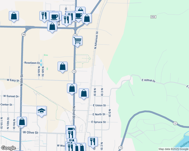 map of restaurants, bars, coffee shops, grocery stores, and more near 1516 North B Street in Rogers