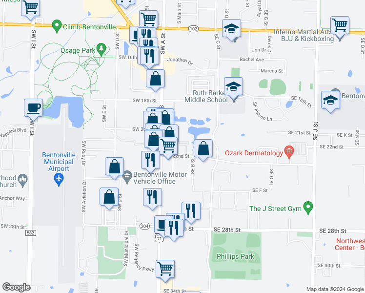 map of restaurants, bars, coffee shops, grocery stores, and more near 101-103 Southeast 22nd Street in Bentonville