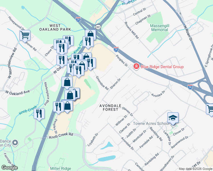 map of restaurants, bars, coffee shops, grocery stores, and more near 604 Sharon Drive in Johnson City