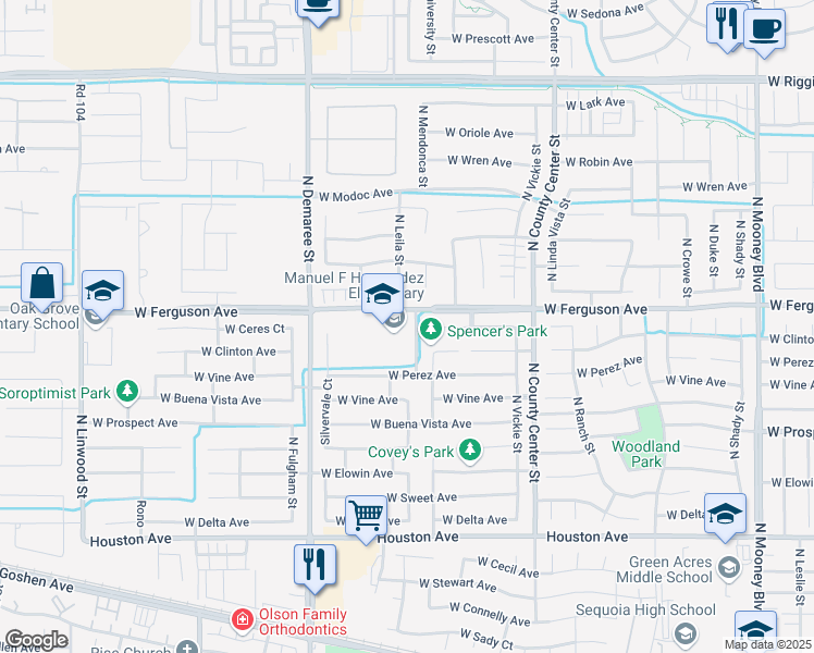 map of restaurants, bars, coffee shops, grocery stores, and more near 2133 North Leila Street in Visalia