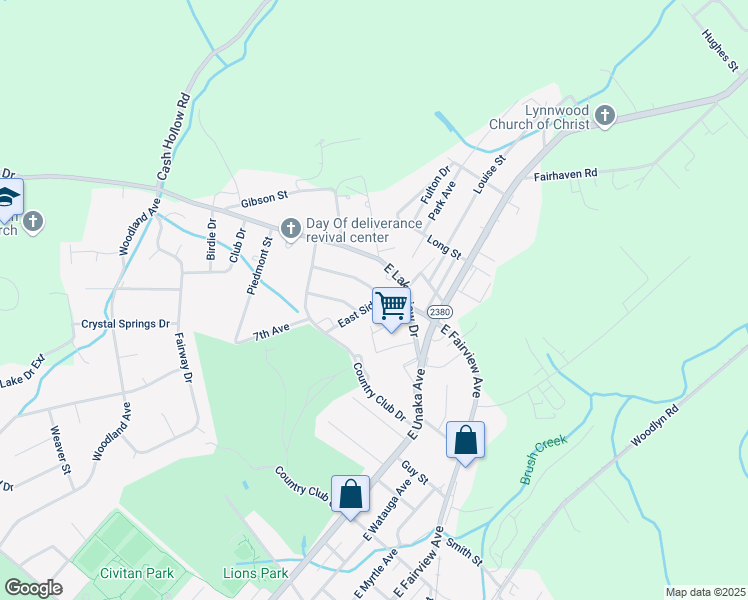 map of restaurants, bars, coffee shops, grocery stores, and more near 2328 East Side Avenue in Johnson City