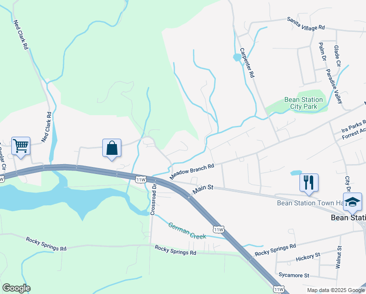 map of restaurants, bars, coffee shops, grocery stores, and more near 126 Creekside Drive in Bean Station