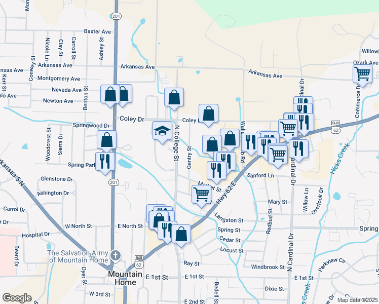 map of restaurants, bars, coffee shops, grocery stores, and more near 605 North College Street in Mountain Home