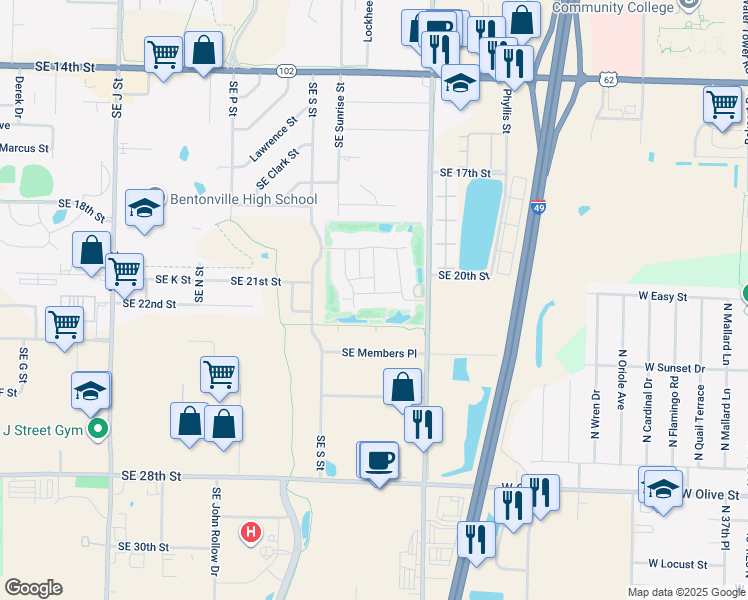 map of restaurants, bars, coffee shops, grocery stores, and more near 2200 Southeast Bay Hill Drive in Bentonville