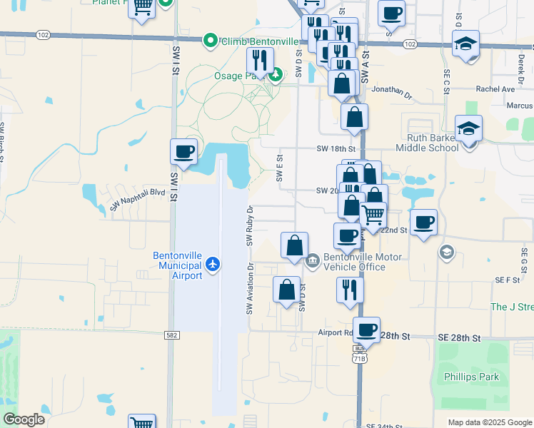 map of restaurants, bars, coffee shops, grocery stores, and more near 603 Southwest Pearl Drive in Bentonville