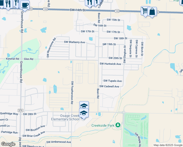 map of restaurants, bars, coffee shops, grocery stores, and more near 9549 Glen Road in Bentonville