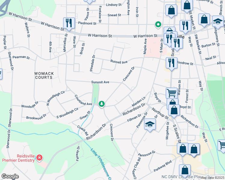 map of restaurants, bars, coffee shops, grocery stores, and more near 818 Crescent Drive in Reidsville