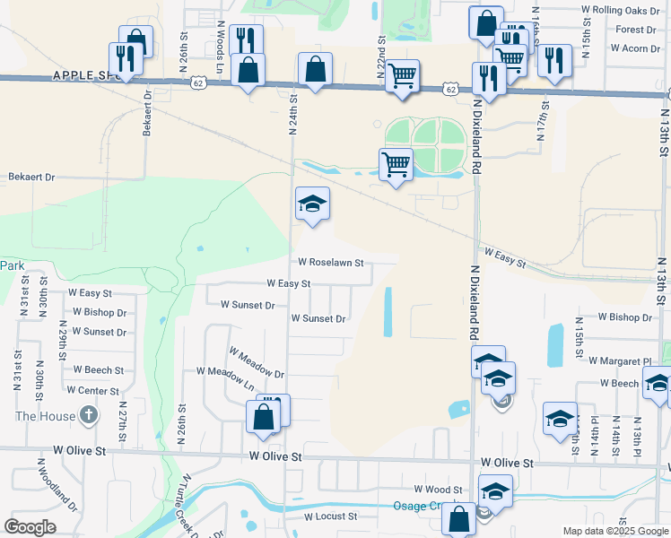map of restaurants, bars, coffee shops, grocery stores, and more near 1210 North 23rd Street in Rogers