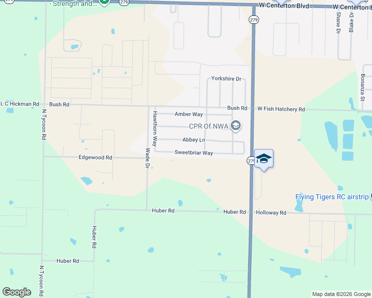 map of restaurants, bars, coffee shops, grocery stores, and more near 1530 Abbey Lane in Centerton