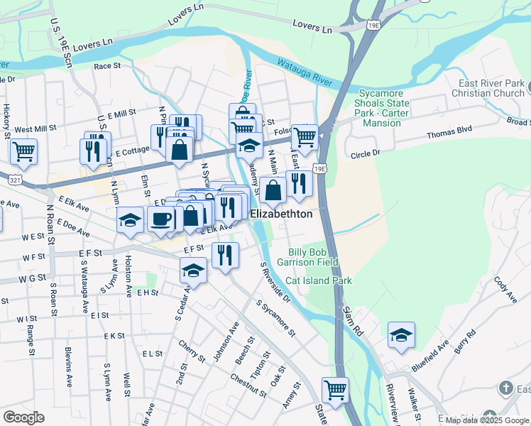 map of restaurants, bars, coffee shops, grocery stores, and more near 700-710 East 2nd Street in Elizabethton