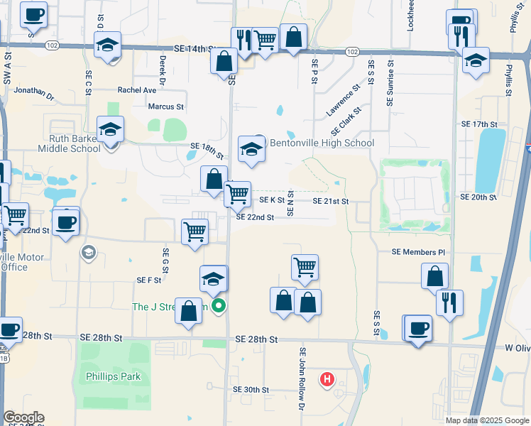 map of restaurants, bars, coffee shops, grocery stores, and more near 1203 Southeast 21st Street in Bentonville