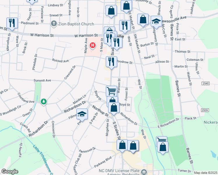 map of restaurants, bars, coffee shops, grocery stores, and more near 501 Redd Street in Reidsville