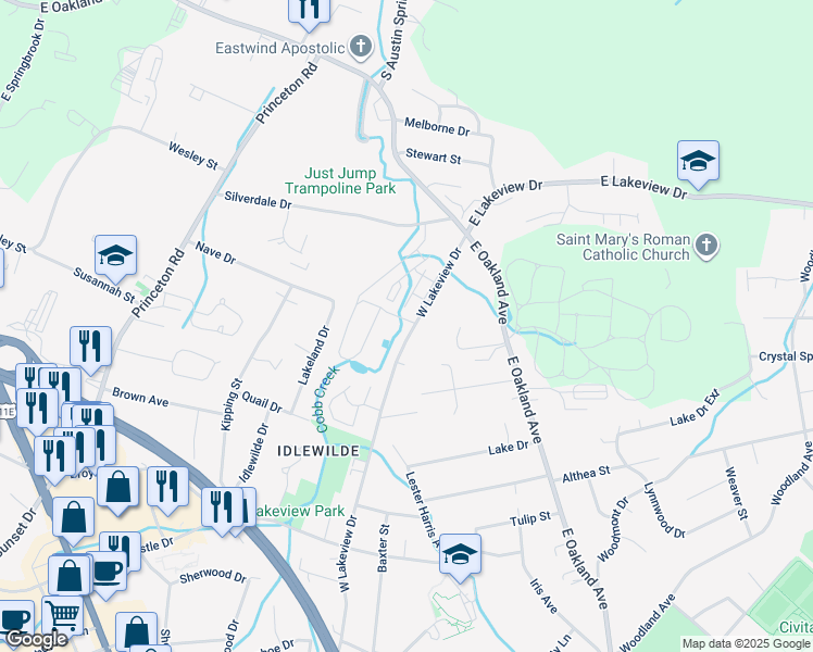 map of restaurants, bars, coffee shops, grocery stores, and more near 1809 West Lakeview Drive in Johnson City