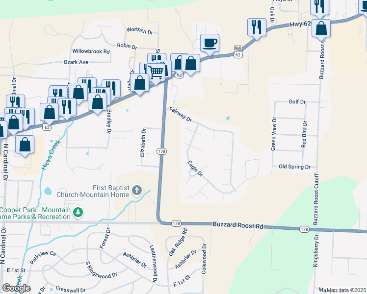 map of restaurants, bars, coffee shops, grocery stores, and more near 1709 Eagle Drive in Mountain Home