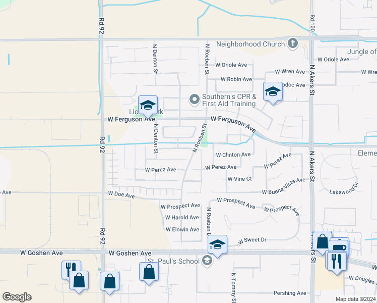 map of restaurants, bars, coffee shops, grocery stores, and more near 6219 West Whitley Avenue in Visalia