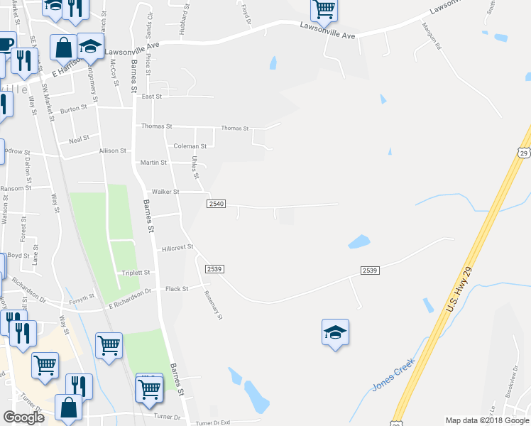 map of restaurants, bars, coffee shops, grocery stores, and more near 839 Walker Street in Reidsville
