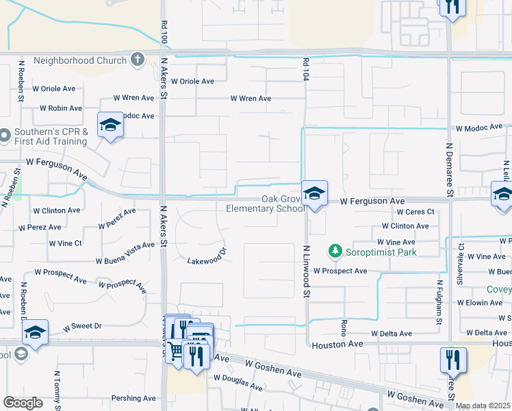 map of restaurants, bars, coffee shops, grocery stores, and more near 4816 West Ferguson Avenue in Visalia