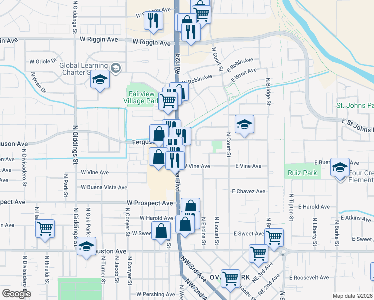 map of restaurants, bars, coffee shops, grocery stores, and more near 401-499 Ferguson Street in Visalia