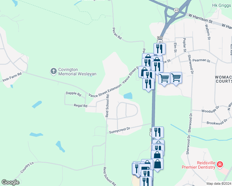 map of restaurants, bars, coffee shops, grocery stores, and more near 2931 Vance Street Extension in Reidsville