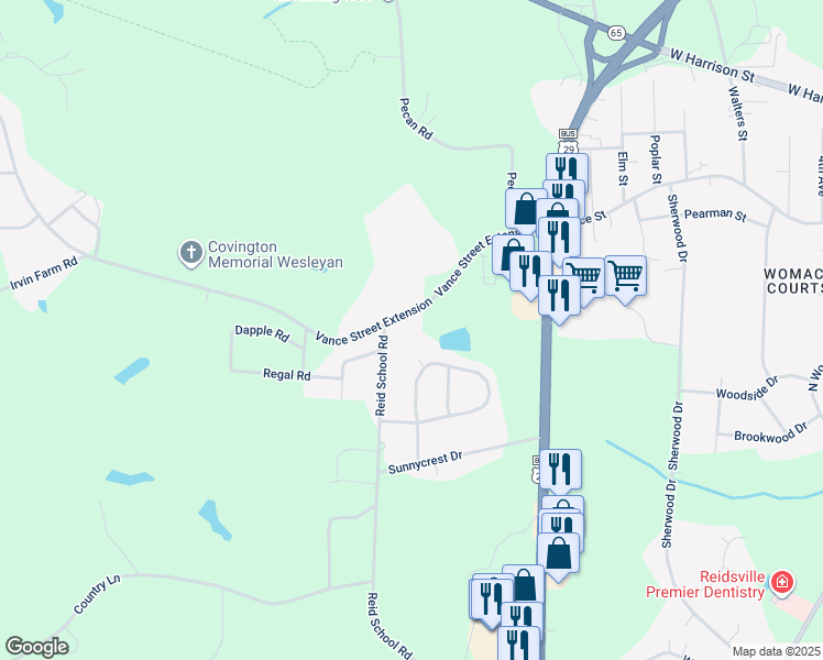 map of restaurants, bars, coffee shops, grocery stores, and more near 2931 Vance Street Extension in Reidsville
