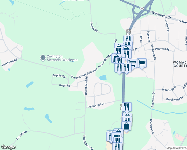 map of restaurants, bars, coffee shops, grocery stores, and more near 2931 Vance Street Extension in Reidsville