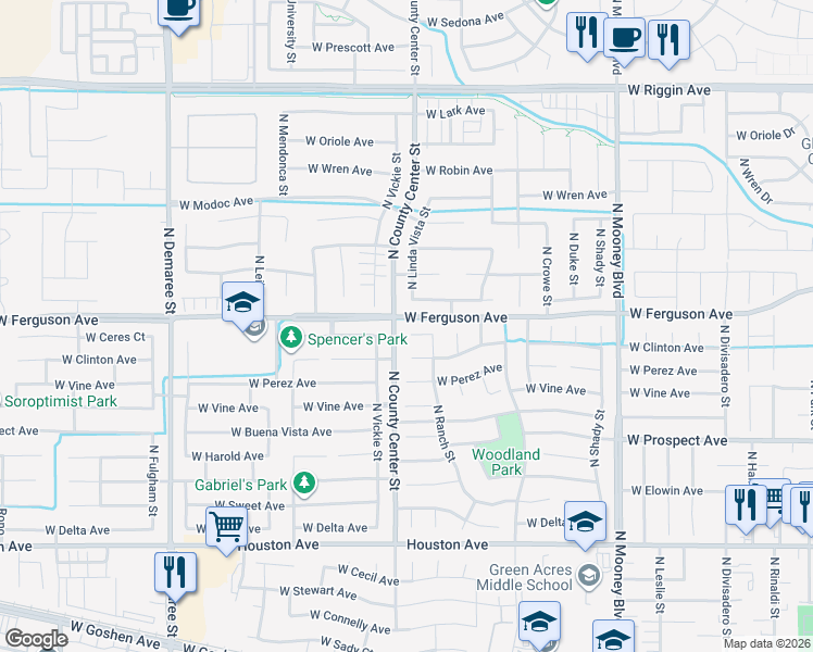 map of restaurants, bars, coffee shops, grocery stores, and more near 2741 West Babcock Avenue in Visalia